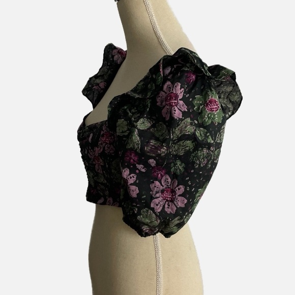 Zara Bustier Top Cropped Floral Smocked Back Puff Sleeve Size Small NWOT - Picture 6 of 10